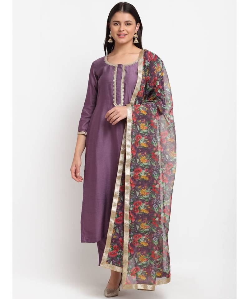 Mistique Mauve Straight Kurti with Pants and Floral Dupatta
