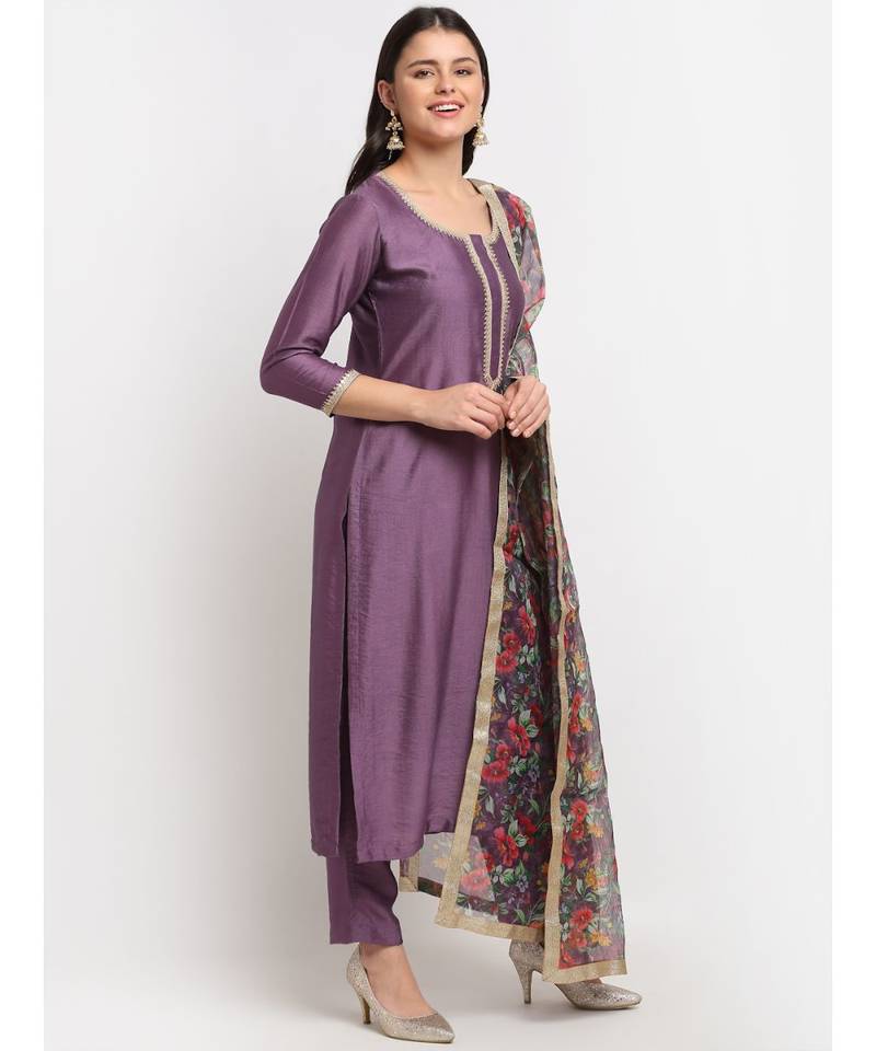 Mistique Mauve Straight Kurti with Pants and Floral Dupatta