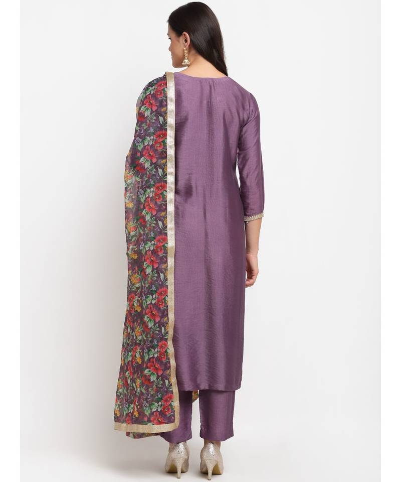 Mistique Mauve Straight Kurti with Pants and Floral Dupatta