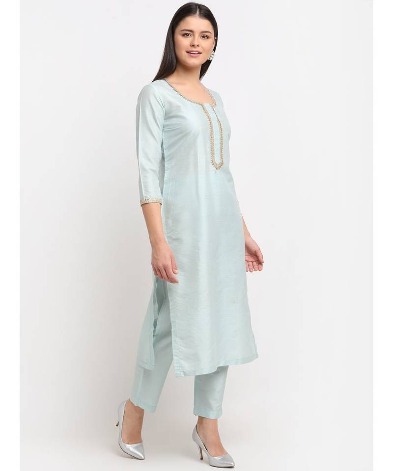 Ice Blue Straight Kurti with Straight Pants