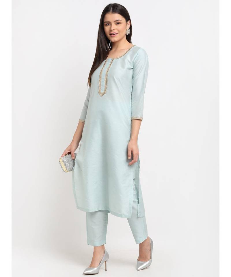 Ice Blue Straight Kurti with Straight Pants