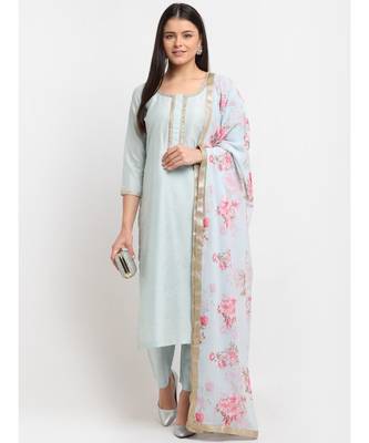 Ice Blue Straight Kurti with Pants and Floral Dupatta 1