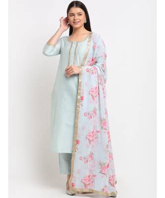 Ice Blue Straight Kurti with Pants and Floral Dupatta 2
