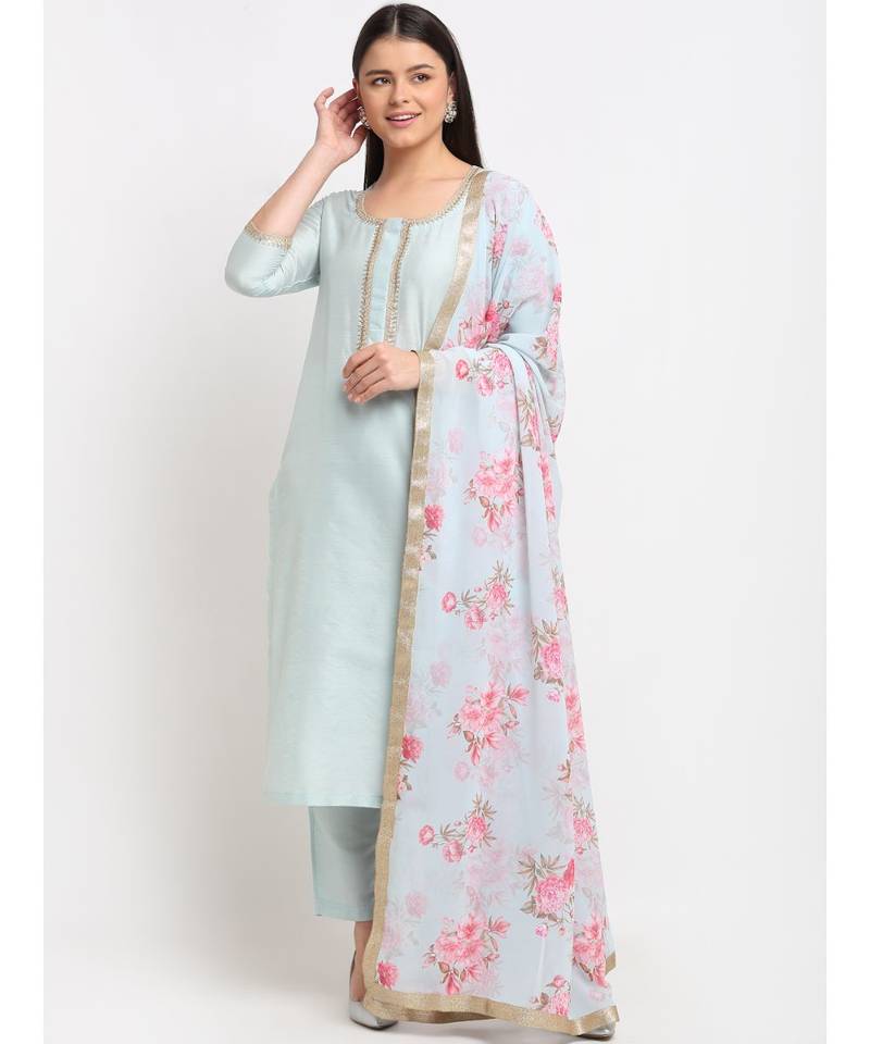 Ice Blue Straight Kurti with Pants and Floral Dupatta