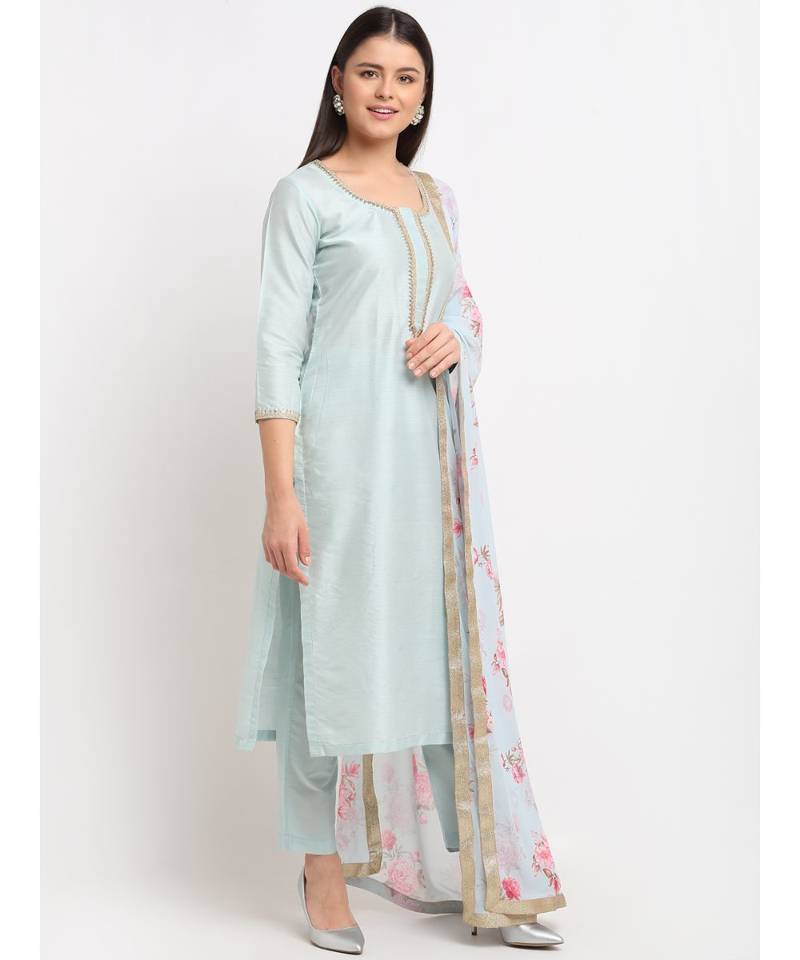 Ice Blue Straight Kurti with Pants and Floral Dupatta
