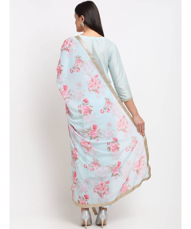 Ice Blue Straight Kurti with Pants and Floral Dupatta