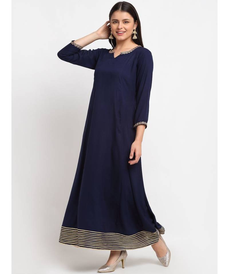 Natural Navy Blue Gota Embroidered Floor Length Kurti