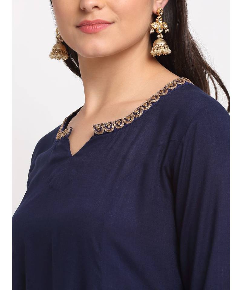 Natural Navy Blue Gota Embroidered Floor Length Kurti