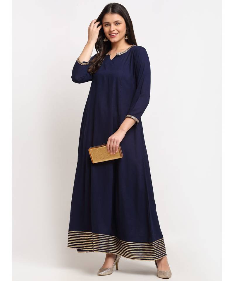 Natural Navy Blue Gota Embroidered Floor Length Kurti