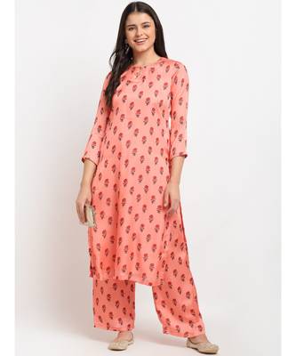 Peach Punch Floral Printed Kurti with Straight Palazzo 1