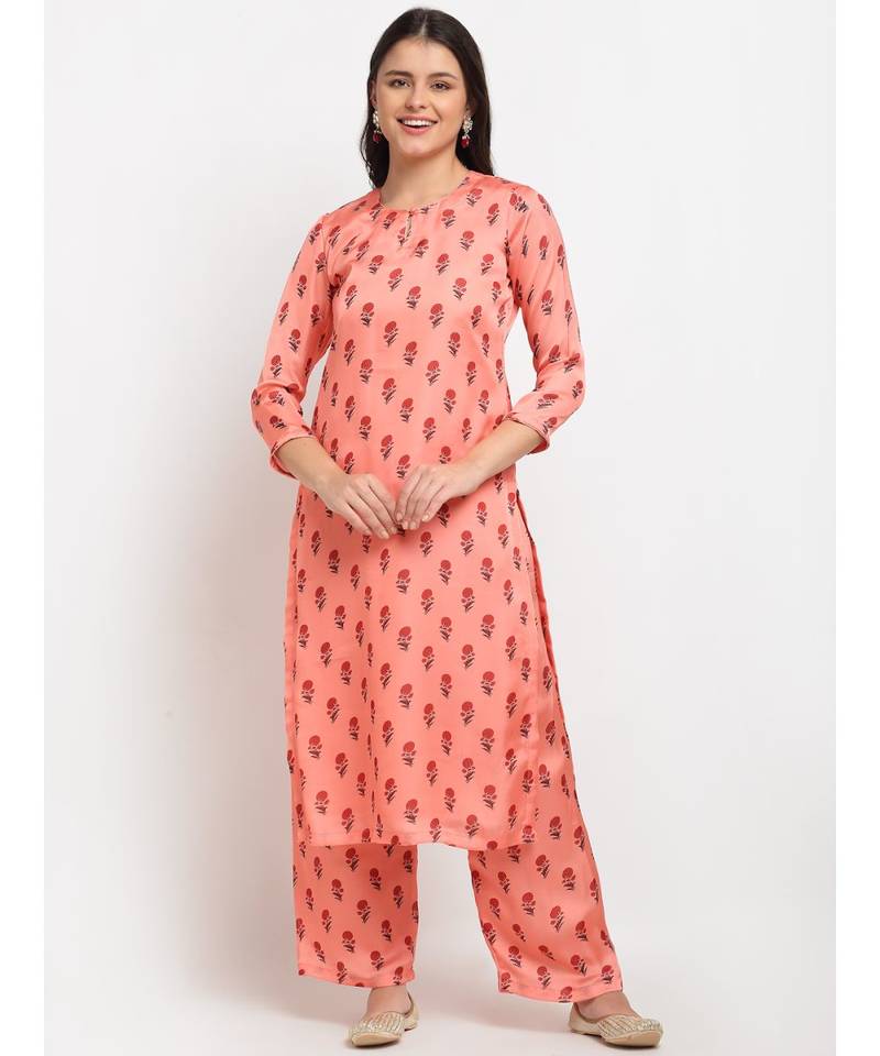 Peach Punch Floral Printed Kurti with Straight Palazzo