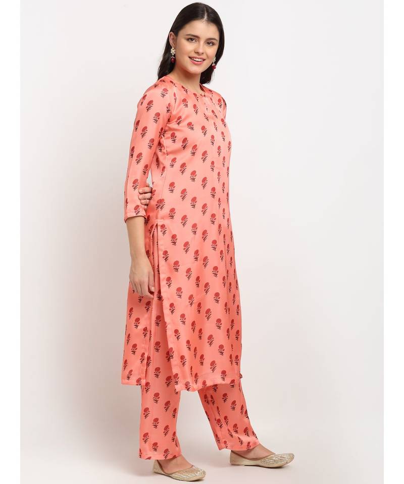 Peach Punch Floral Printed Kurti with Straight Palazzo
