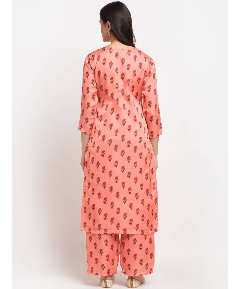 Peach Punch Floral Printed Kurti with Straight Palazzo