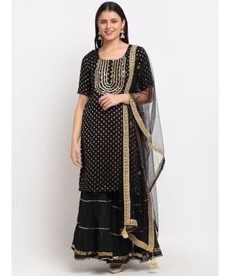 Black Banarsi Short Kurti with Sharara and Net Stone Dupatta 2