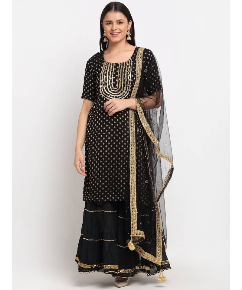 Black Banarsi Short Kurti with Sharara and Net Stone Dupatta