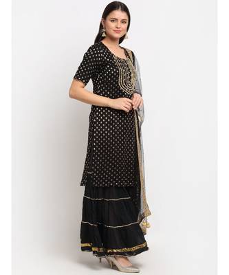 Black Banarsi Short Kurti with Sharara and Net Stone Dupatta 3