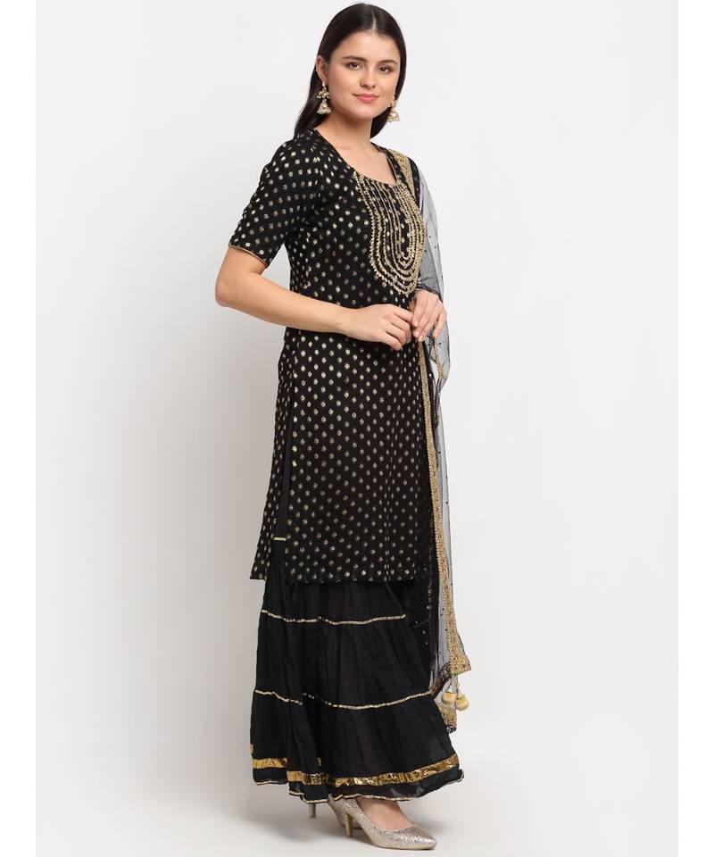 Black Banarsi Short Kurti with Sharara and Net Stone Dupatta
