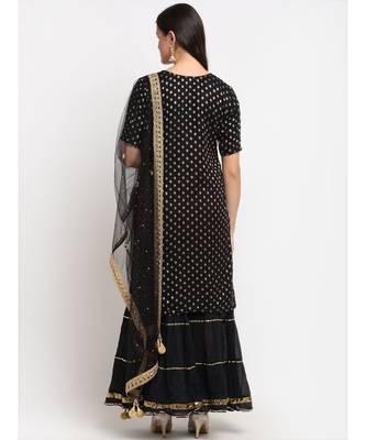 Black Banarsi Short Kurti with Sharara and Net Stone Dupatta 4