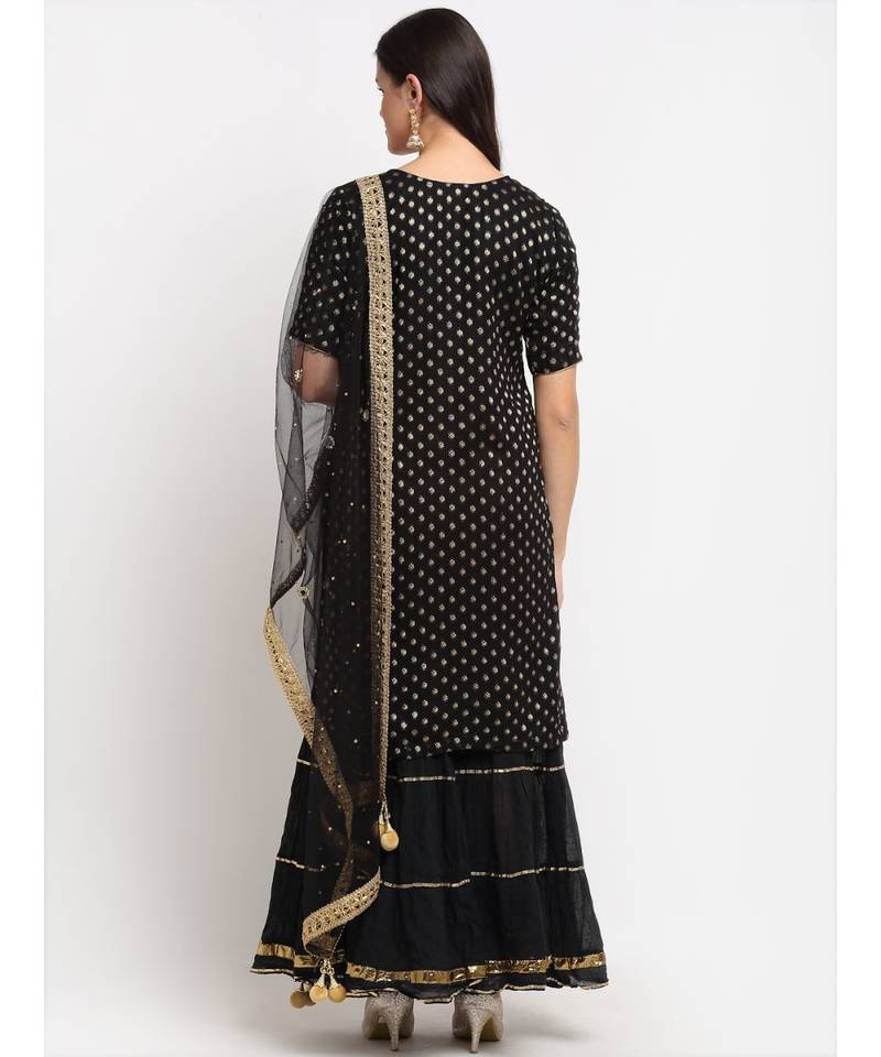 Black Banarsi Short Kurti with Sharara and Net Stone Dupatta