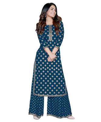 Teal-blue printed rayon kurta-sets 1