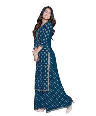 Teal-blue printed rayon kurta-sets 2