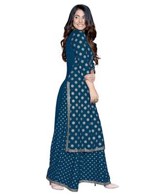 Teal-blue printed rayon kurta-sets 3
