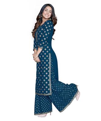 Teal-blue printed rayon kurta-sets 4