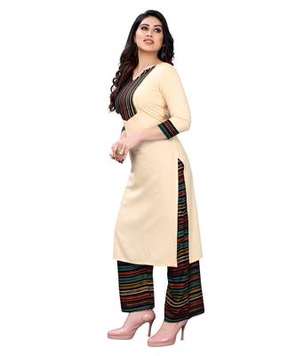 Beige plain rayon kurta-sets 3