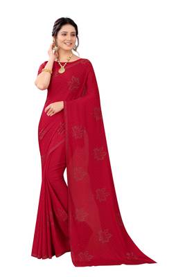 Red embroidered crepe saree with blouse 1