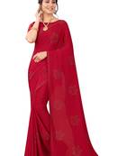 Red embroidered crepe saree with blouse