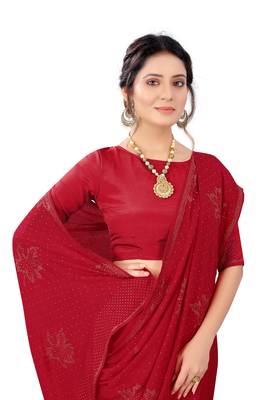 Red embroidered crepe saree with blouse 2