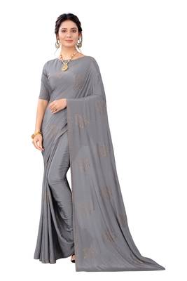 Grey embroidered crepe saree with blouse 1