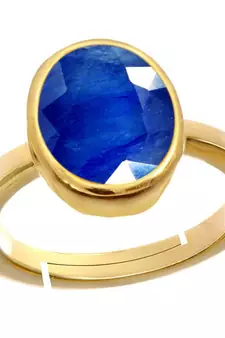 Natural Gold Plated Blue Blue Sapphire 3.25 Ratti Stone Ring Oval Shape Faceted Cut for Mens & Women Adjustable