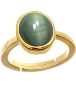 Natural Gold Plated Green Cat's Eye 3.25 Ratti Stone Ring Oval Shape Adjustable in Size 6 To 15