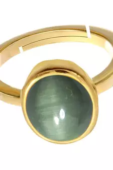 Natural Gold Plated Green Cat's Eye 3.25 Ratti Stone Ring Oval Shape Adjustable in Size 6 To 15