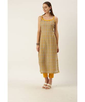 Grey & Mustard Cotton Print Strappy Straight Kurta Set 1