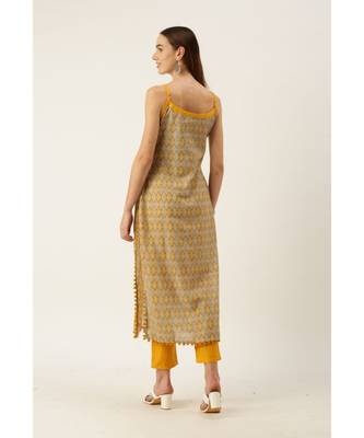 Grey & Mustard Cotton Print Strappy Straight Kurta Set 2