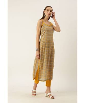 Grey & Mustard Cotton Print Strappy Straight Kurta Set 3