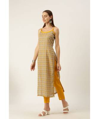Grey & Mustard Cotton Print Strappy Straight Kurta Set 4
