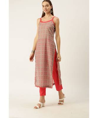Grey & Coral Pink Cotton Print Strappy Straight Kurta Set 1