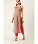 Grey & Coral Pink Cotton Print Strappy Straight Kurta Set