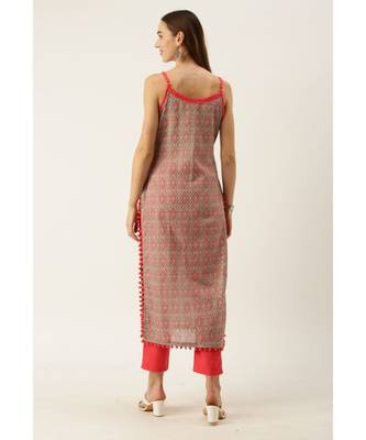 Grey & Coral Pink Cotton Print Strappy Straight Kurta Set 2