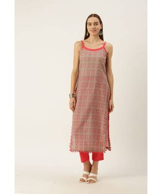 Grey & Coral Pink Cotton Print Strappy Straight Kurta Set 3