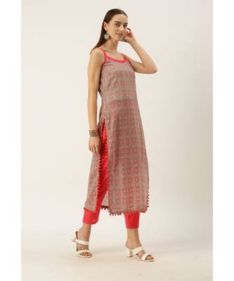 Grey & Coral Pink Cotton Print Strappy Straight Kurta Set 4