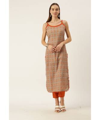 Grey & Orange Cotton Print Strappy Straight Kurta Set 1