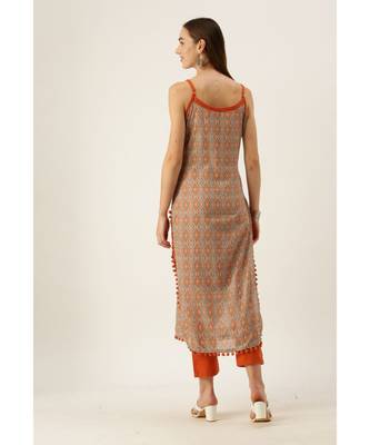 Grey & Orange Cotton Print Strappy Straight Kurta Set 2