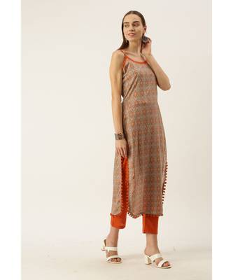 Grey & Orange Cotton Print Strappy Straight Kurta Set 3
