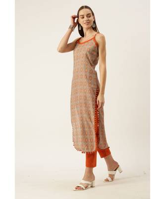 Grey & Orange Cotton Print Strappy Straight Kurta Set 4
