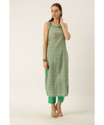 Grey & Green Cotton Print Strappy Straight Kurta Set 1