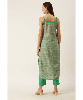 Grey & Green Cotton Print Strappy Straight Kurta Set 2